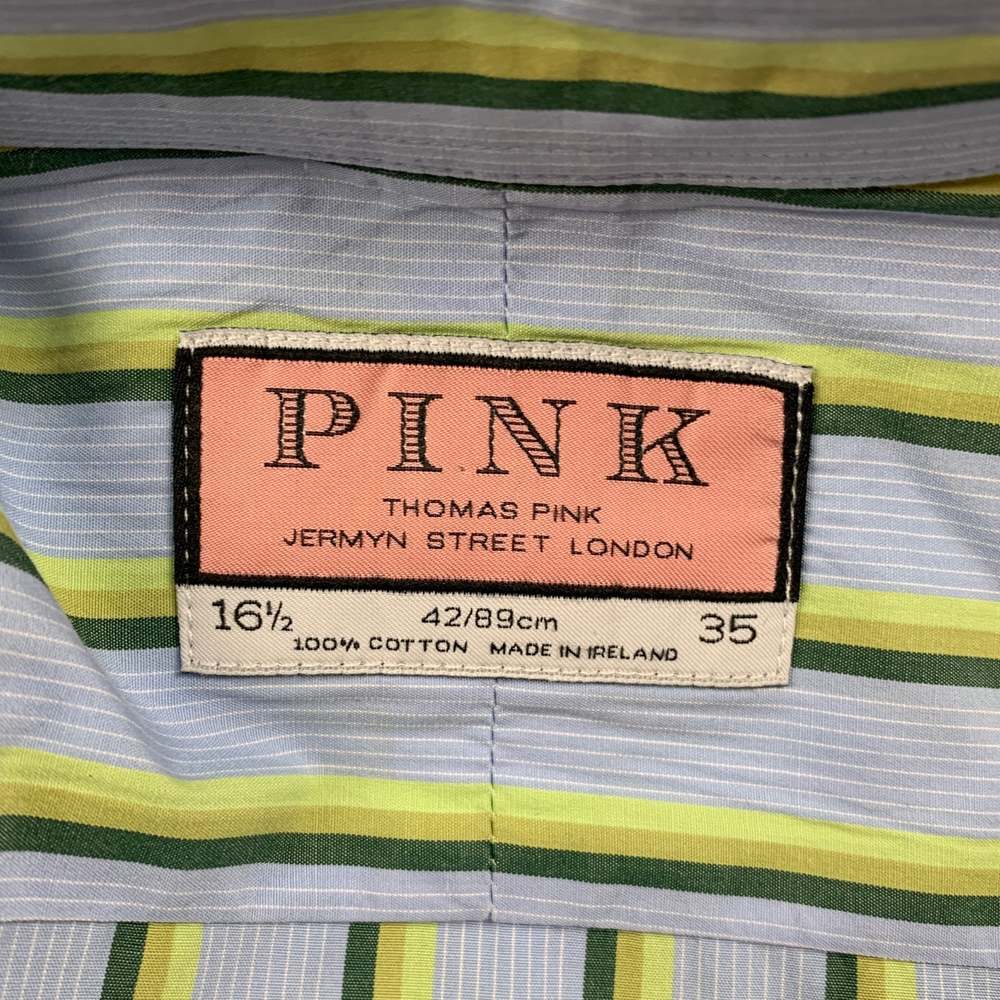 THOMAS PINK Light Blue Green Stripe Cotton French Cuff Long Sleeve Shirt - Picture 4 of 4